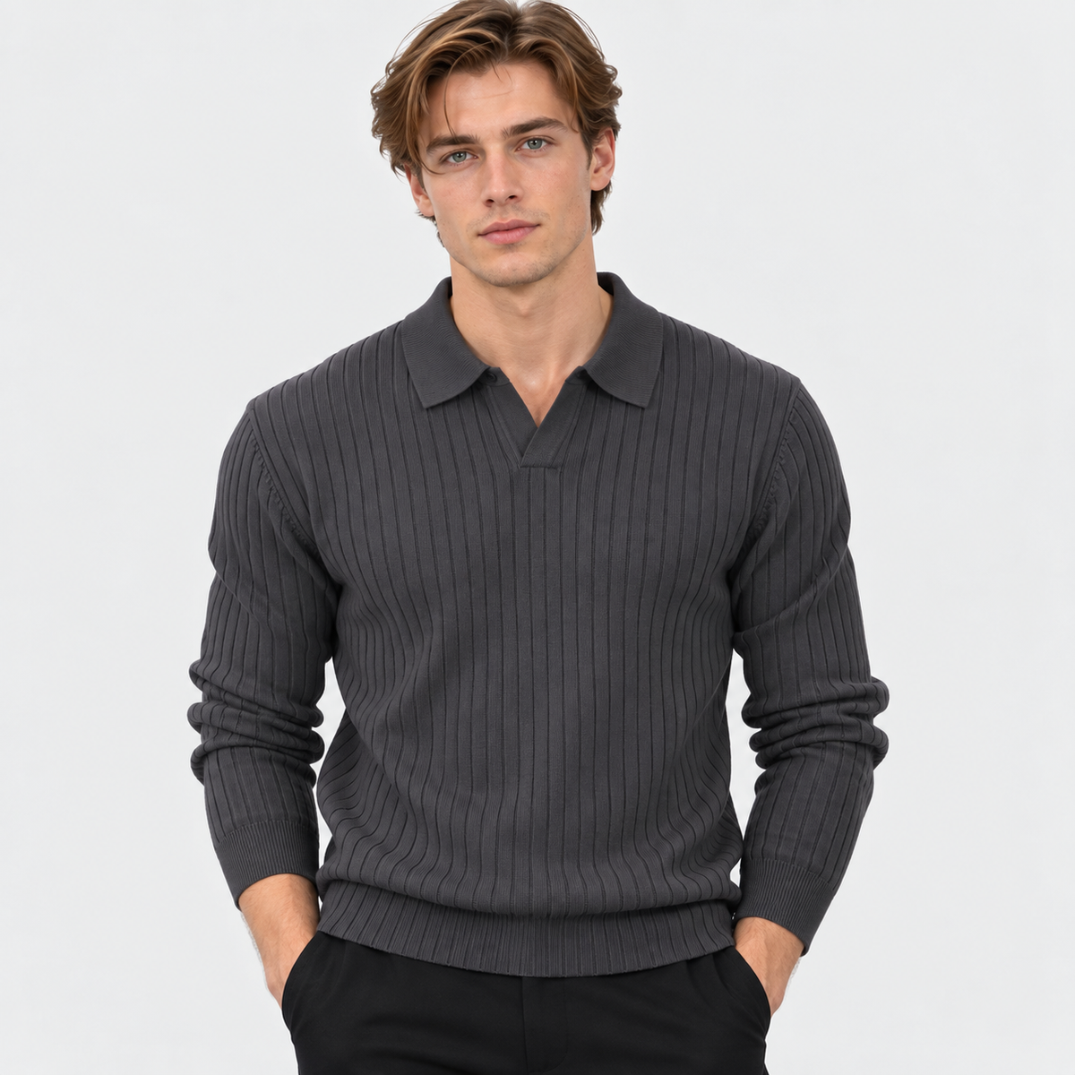 Men’s Polo Knit Sweater V Neck Casual Winter Pullover