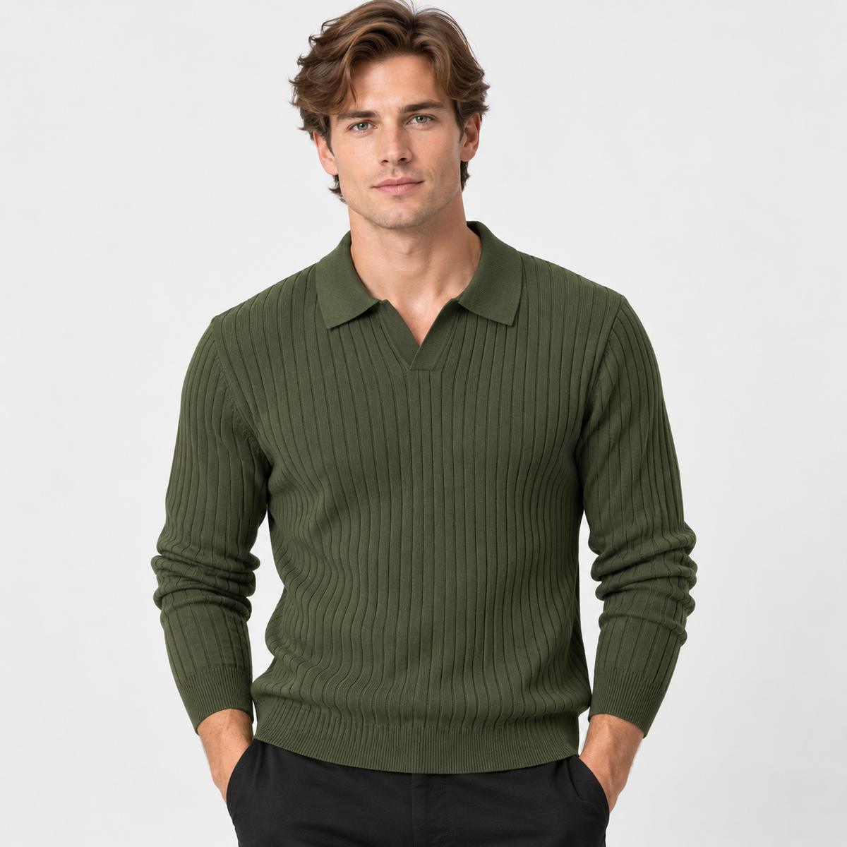 Men’s Polo Knit Sweater V Neck Casual Winter Pullover
