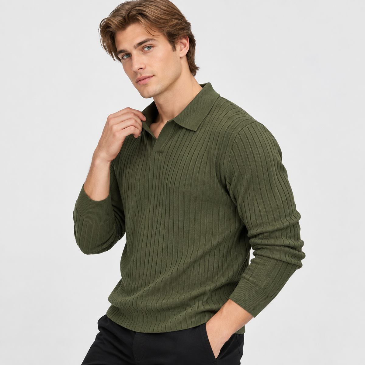 Men’s Polo Knit Sweater V Neck Casual Winter Pullover