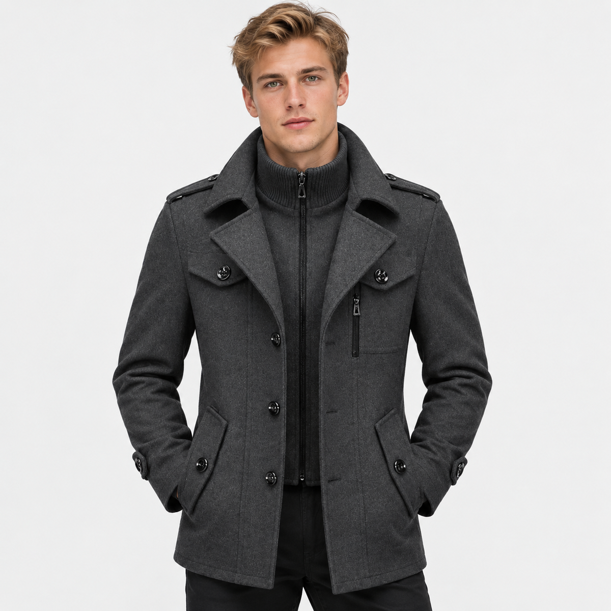Men’s Wool Overcoat Notch Lapel Business Casual Outerwear