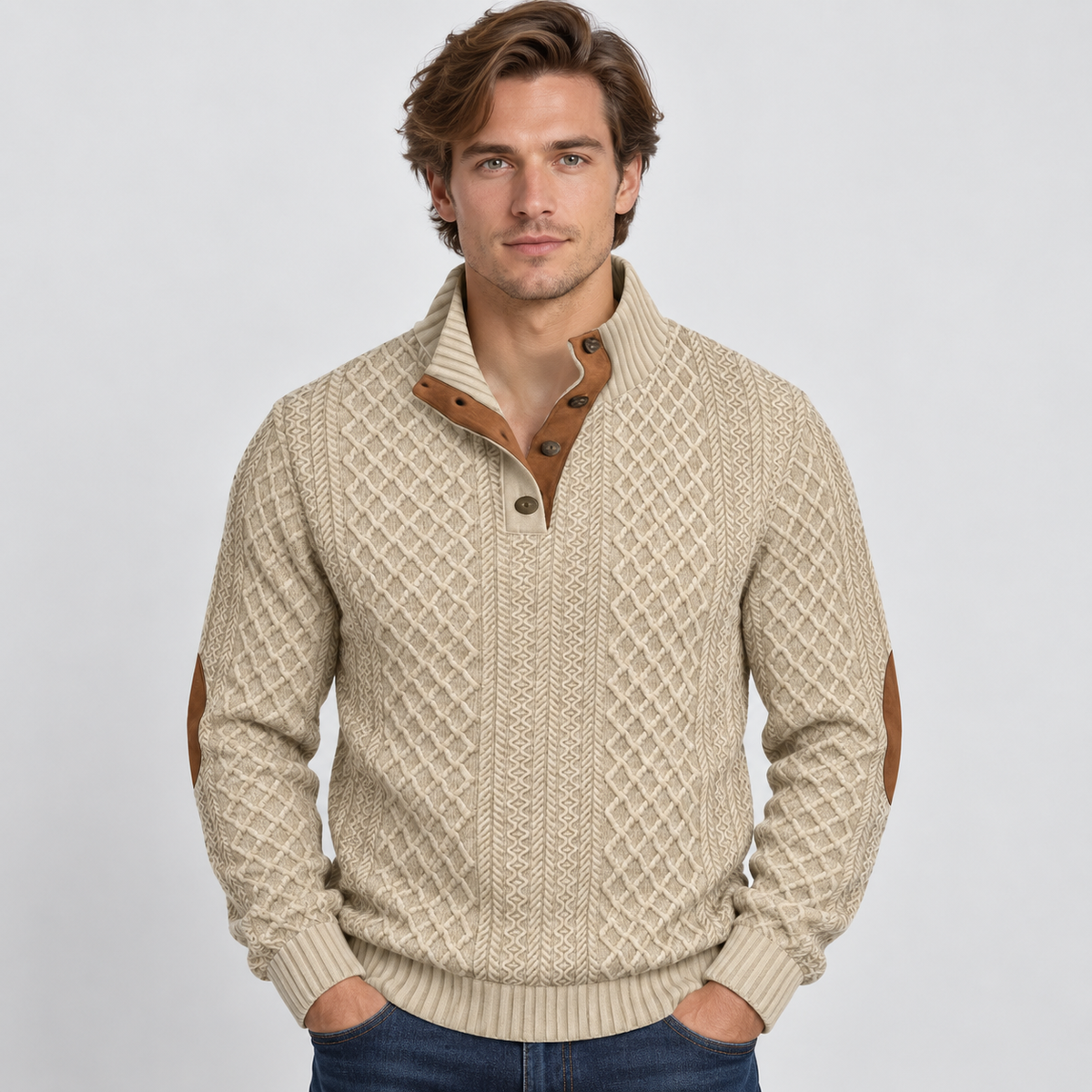 Men’s Button Neck Knit Sweatshirt Comfortable Everyday Wear